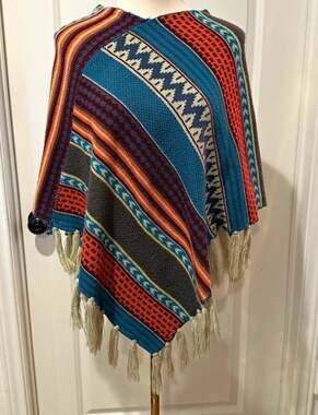 Women’s Multicolor Colorful Geometric Bohemian Hippie Fringe Poncho Shawl/Wrap
